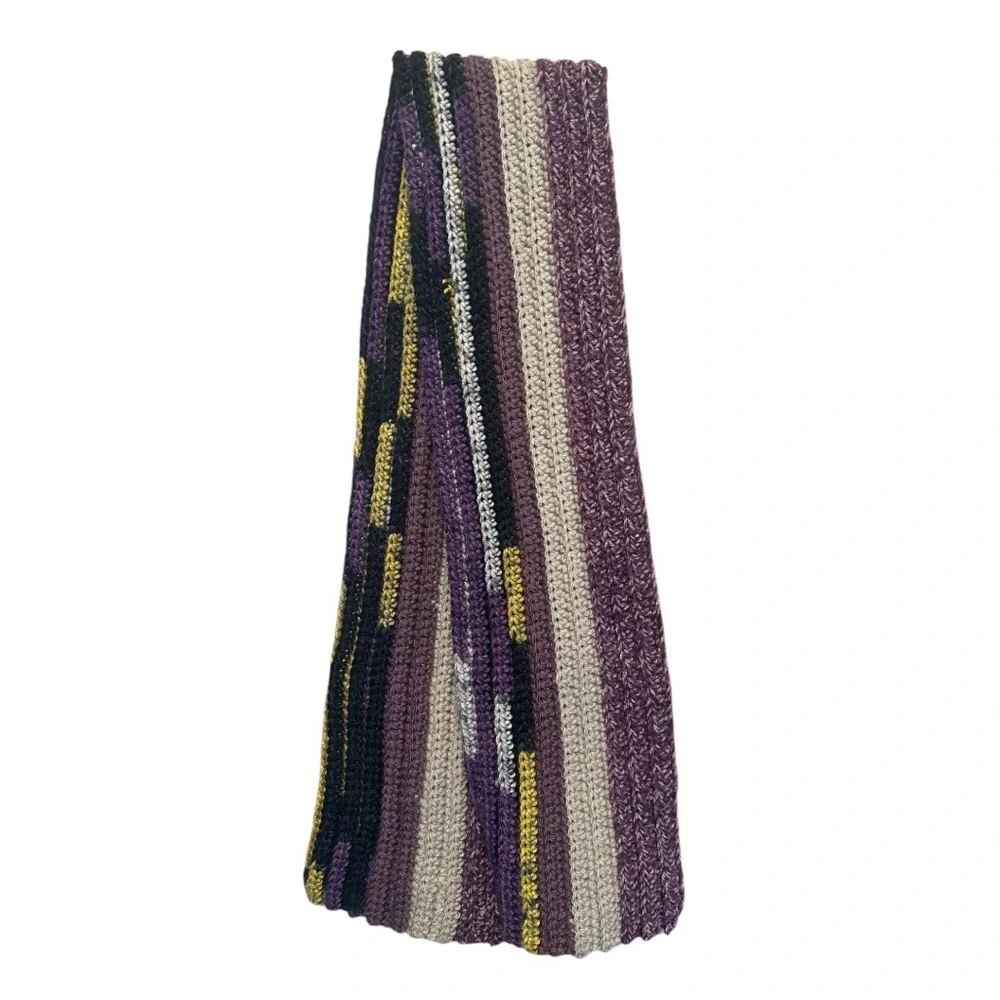 Hand Knit Purple and Cream with Yellow Accent Striped Scarf